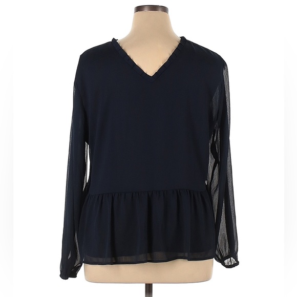 Ann Taylor LOFT Navy Long Sleeve Blouse with flattering sheer sleeves, XL - Picture 2 of 7